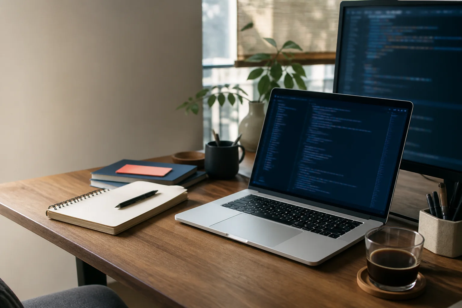 A software development workbench with a laptop, monitor, notebook and coffee