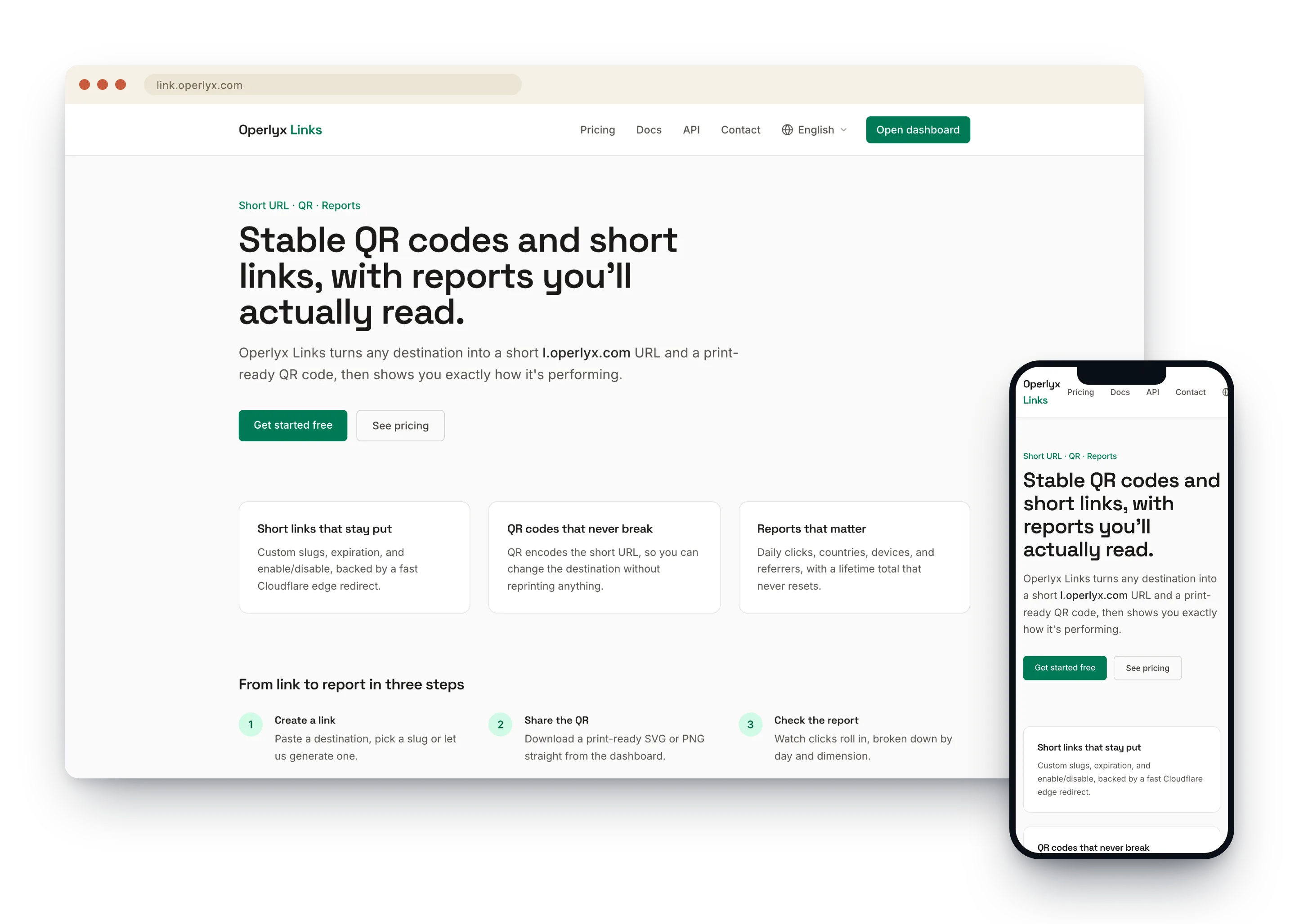 Operlyx Links website introducing short links, QR codes, and reports